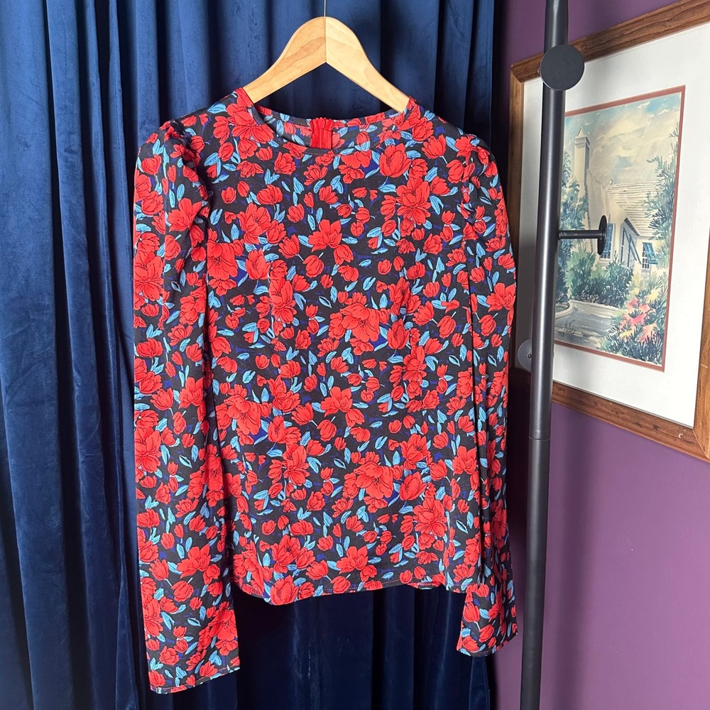 SHEIN Red Blue Floral Puff Sleeve Long Sleeve Blouse Top Women's M